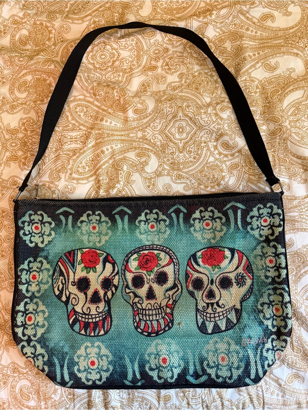 Galvan Skull Floral Print Shoulder Bag in Teal